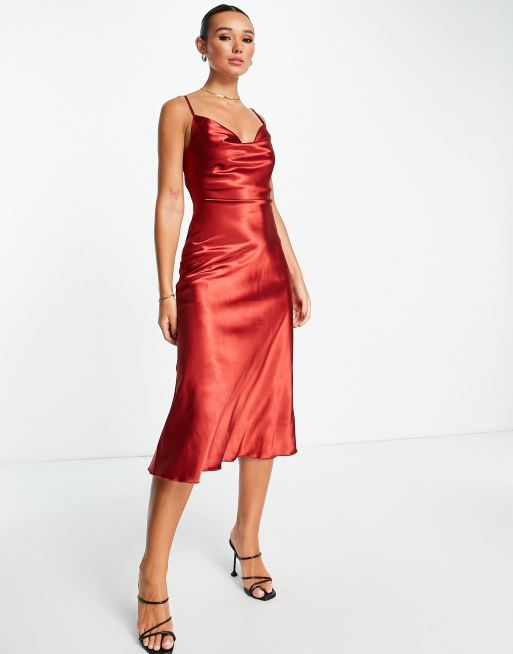 Urban Threads - Vestito midi in raso color ruggine con scollo ad anello
