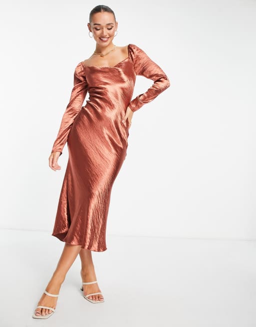 Urban Threads - Vestito midi in raso marrone con scollo ad anello