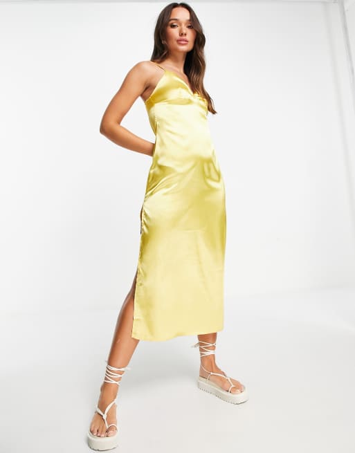 Urban Threads - Vestito sottoveste midi in raso con spalline sottili, color limone