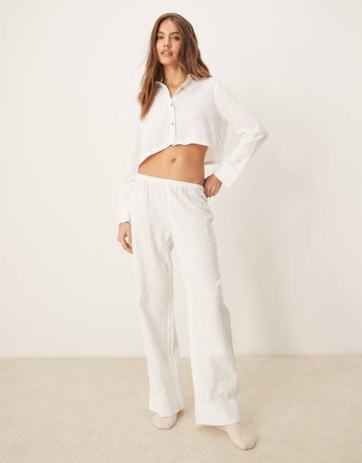 Urban Threads waffle crop long sleeve button down and boxer pants pajama set in cream