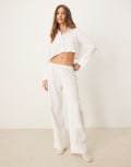 [Urban Threads] Urban Threads waffle crop long sleeve button down shirt and boxer pants pyjama set in cream-White 6 CREAM