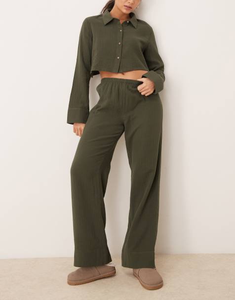 Urban Threads waffle crop long sleeve button down shirt and boxer pants pyjama set in khaki - view 1