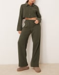 [Urban Threads] Urban Threads waffle crop long sleeve button down shirt and boxer pants pyjama set in khaki-Green 12 KHAKI