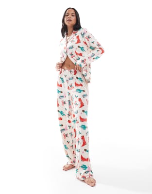 Urban Threads - Weihnachten - Pyjama mit Cowboy-Printmuster, aus langärmligem Hemd mit Reverskragen und Hose-Bunt
