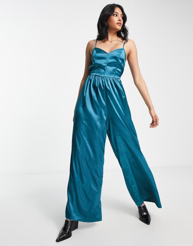 Urban Threads wide leg cami strap satin jumpsuit in teal