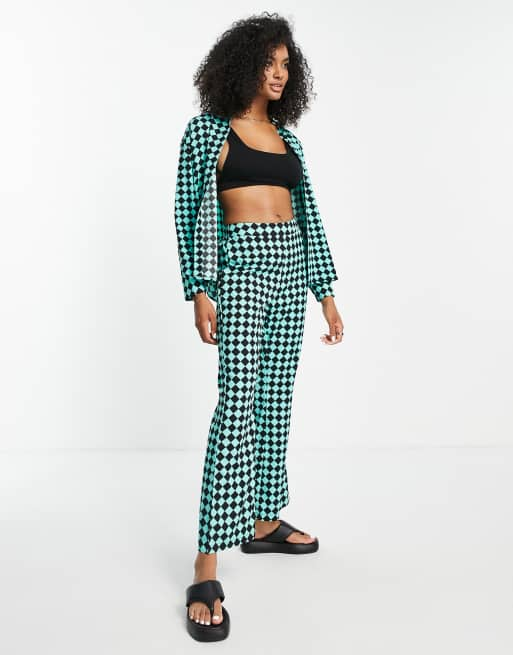 70s Blue & Green Plaid Kick Flare Trousers - Medium Short