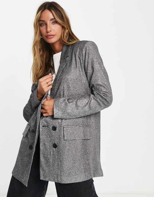 Urban Threads – Zweireihiger Oversize-Blazer in glitzerndem Schwarz