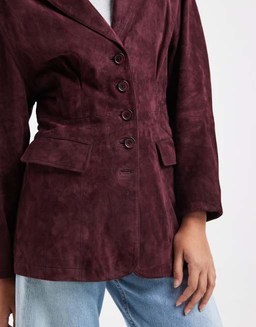 Urbancode - americana blazer extragrande de ante con hombros caídos en berenjena, 3 de 4