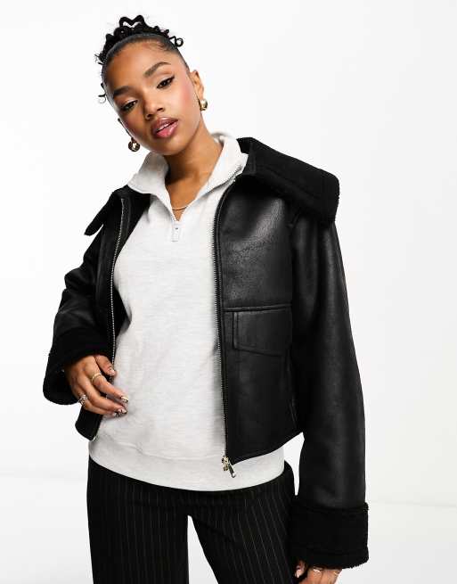 Urbancode aviator jacket with borg trims in black | ASOS