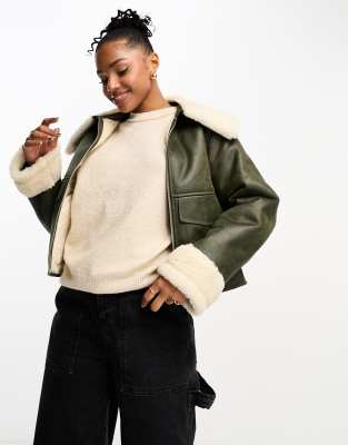 Urbancode aviator jacket with borg trims in khaki