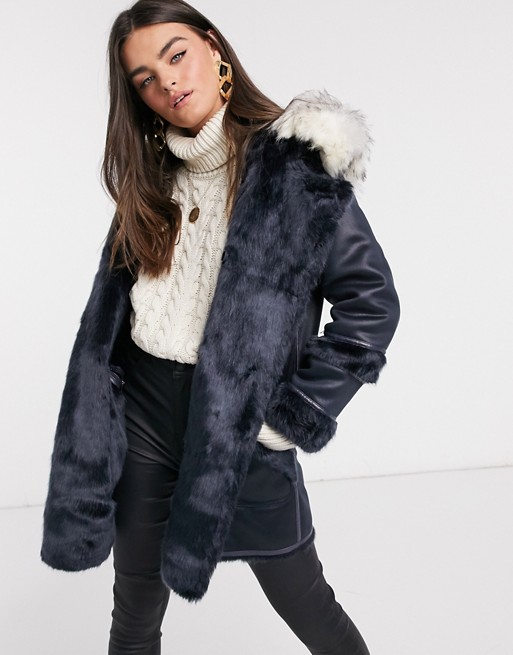Urbancode Axa reversible shearling and faux fur coat in navy