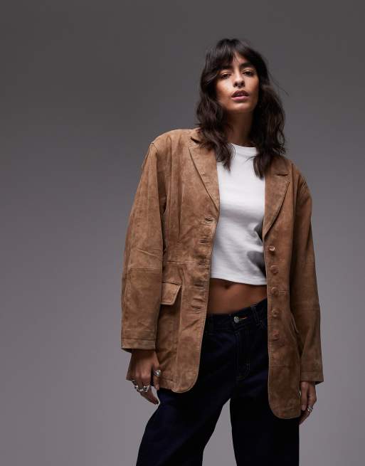 Urbancode - Blazer color cammello oversize in camoscio con spalle scivolate