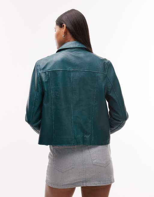 Urbancode - Blouson Harrington en cuir effet usé - Bleu pétrole, 2 de 4
