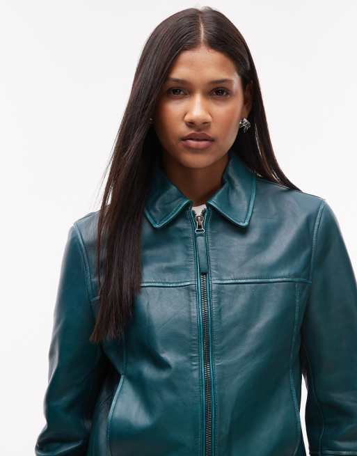Urbancode - Blouson Harrington en cuir effet usé - Bleu pétrole, 3 de 4