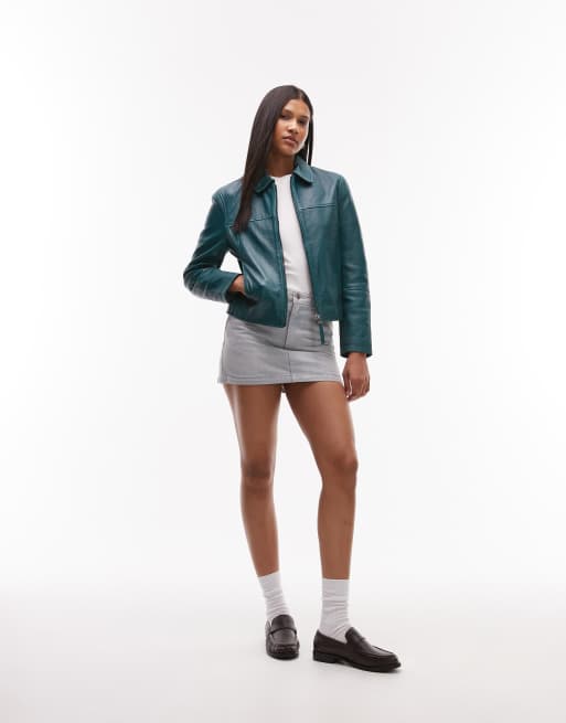 Urbancode - Blouson Harrington en cuir effet usé - Bleu pétrole, 4 de 4