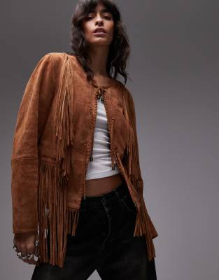 Urbancode - Boho-Jacke aus Wildleder in Kastanienbraun mit Fransen