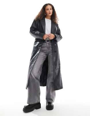 Urbancode Urbancode bold shoulder leather trenchcoat in black