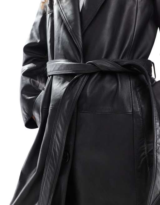 Urbancode bold shoulder leather trenchcoat in black | ASOS