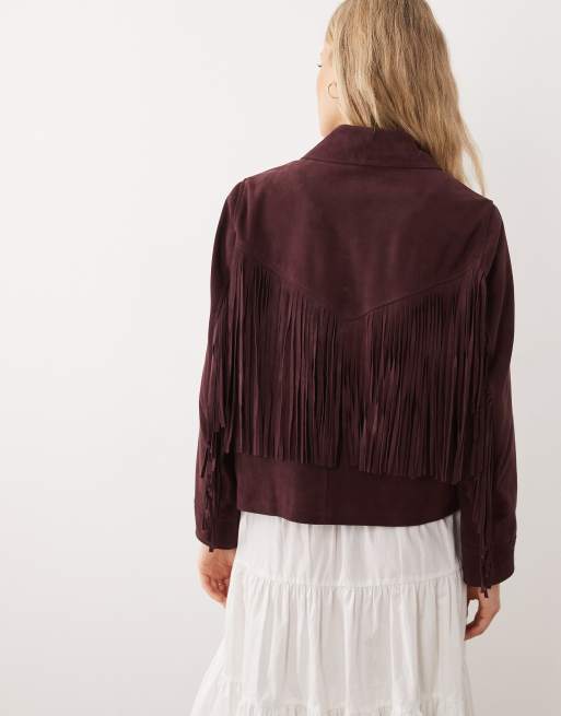 Urbancode – Bordowa kurtka w kowbojskim stylu z frędzlami, 4 z 4