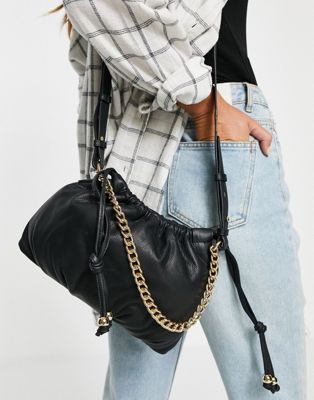 Urbancode leather drawstring chain crossbody bag in black - ASOS Price Checker