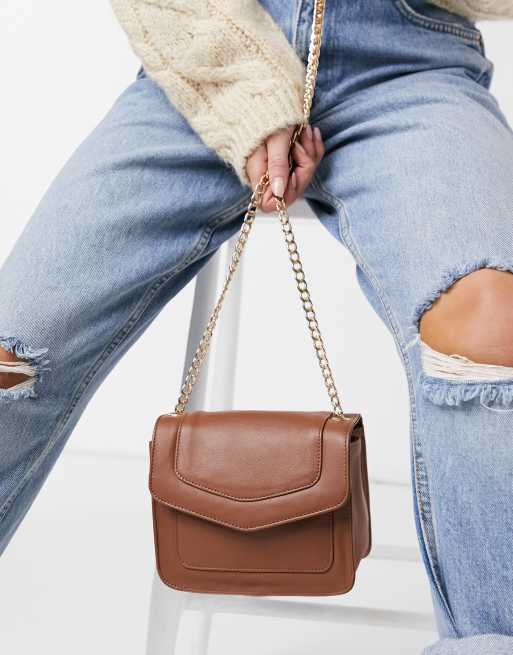 Urbancode - Borsa a tracolla in pelle color cuoio con chiusura oro