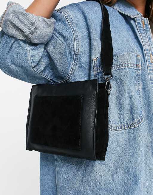 Urbancode - Borsa a tracolla nera in pelle con tasca