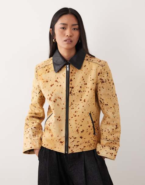 Urbancode boxy fit jacket in cream and brown cow print - view 1