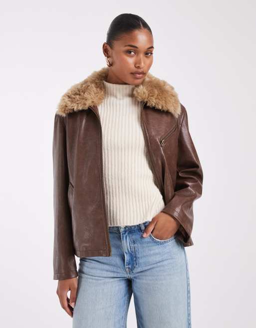 Urbancode chaqueta de piel sintética con cuello desmontable de piel sintética, 3 de 4