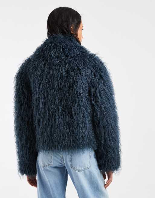 Urbancode code faux fur jacket in blue, 4 of 4