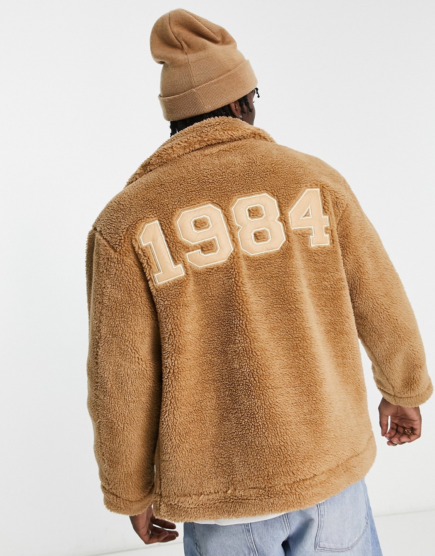 Urbancode college badge oversized borg jacket in camel brown-Neutral
