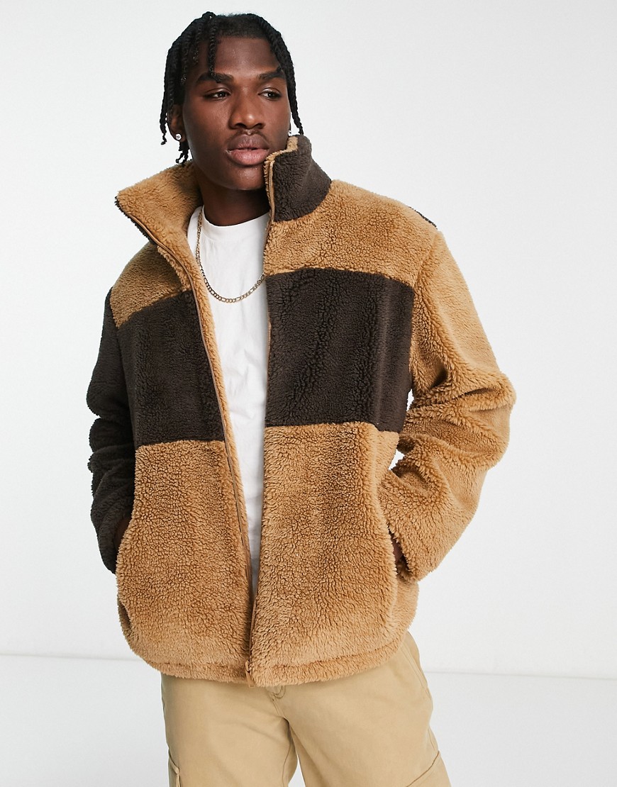 Urbancode color block borg jacket in brown-White