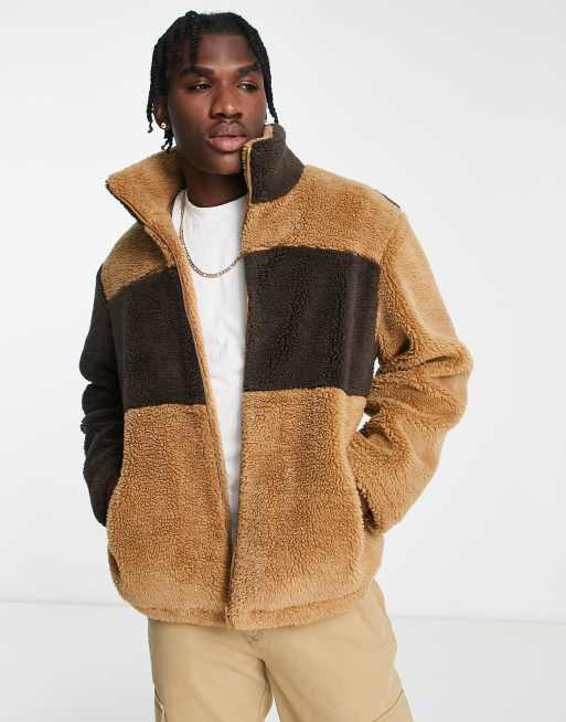 Urbancode color block borg jacket in brown | ASOS