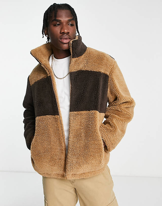 Urbancode - colour block borg jacket in brown