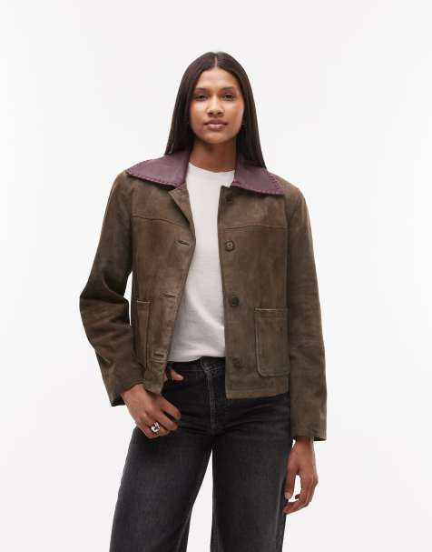 Urbancode contrast collar suede boxy jacket in khaki - view 1
