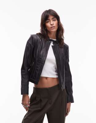 Urbancode Urbancode contrast seam racer jacket in distressed black