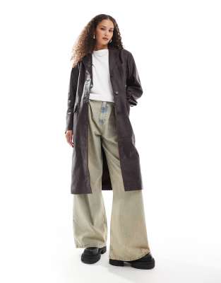 Urbancode cracked effect leather overcoat in burgundy-Red