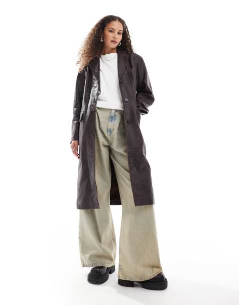 Urbancode cracked effect leather overcoat in burgundy - view 1