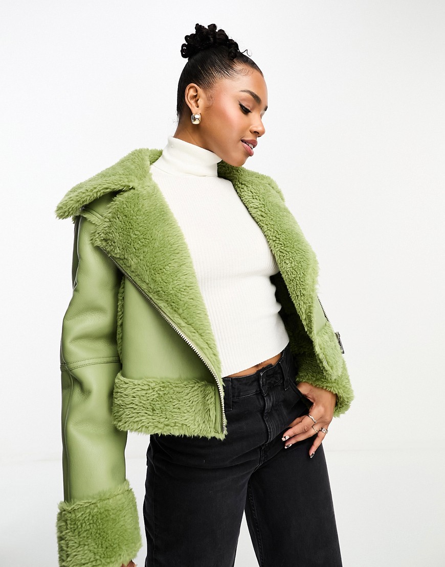 Urbancode cropped aviator jacket with borg trims in green