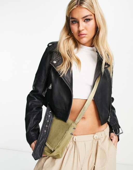 Urbancode - Cropped bikerjack van echt leer in zwart
