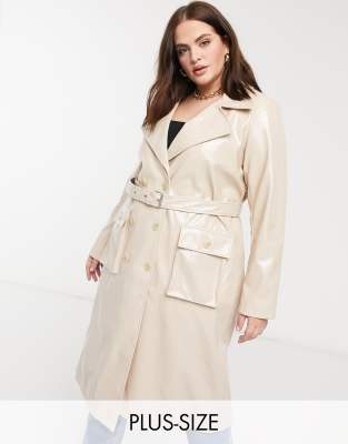 Urbancode Curve High Shine Pu Trench Coat In Beige-black | ModeSens