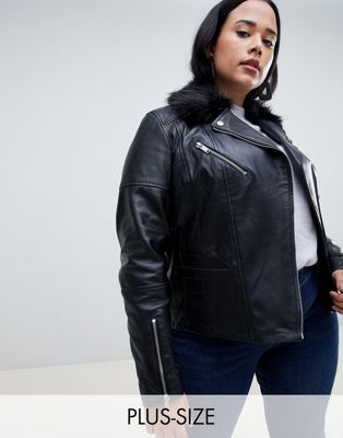 Urbancode Curve leather jacket with faux fur collar | ASOS