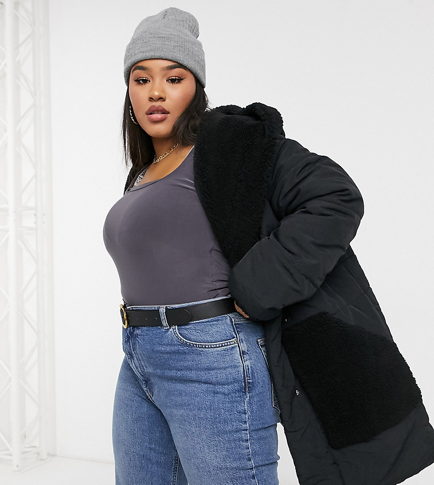 Urbancode Curve oversized puffer jacket with borg pockets and hood in black
