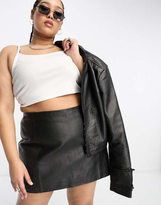 Urbancode curve real leather embossed skirt in black | ASOS