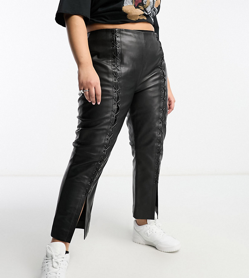 Urbancode curve real leather lace up trousers in black