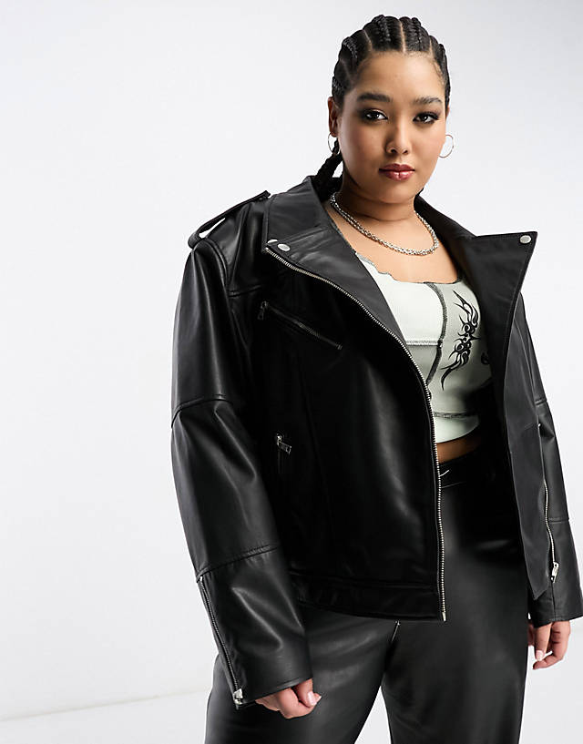 Urbancode Curve - real leather oversized biker jacket in black