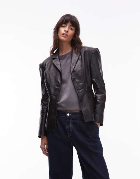 Urbancode fitted leather blazer jacket in black