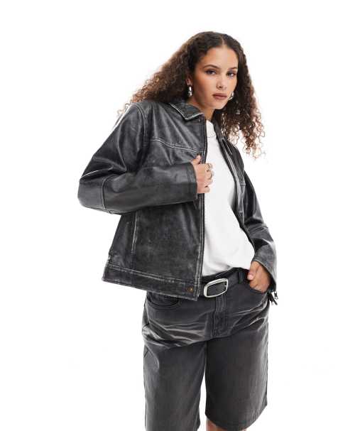 Urbancode – Dad-Harrington-Jacke aus Leder in Schwarz mit Used-Optik - view 1