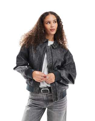 Urbancode Urbancode distressed leather bomber jacket in black