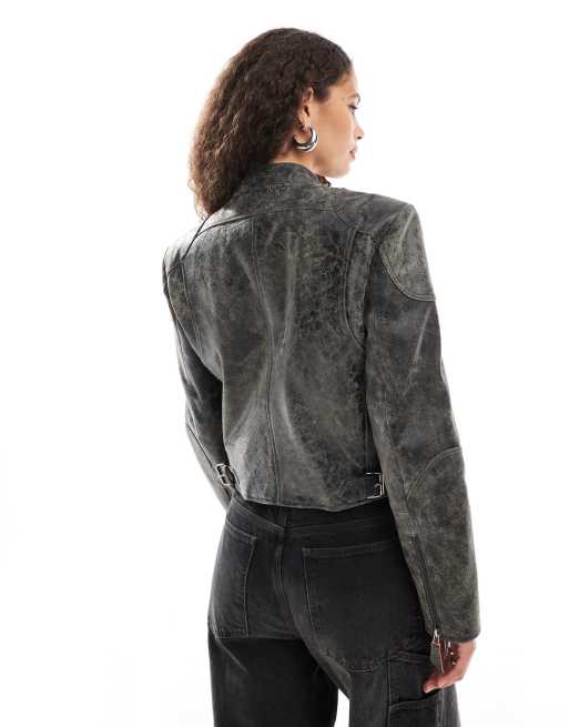 Urbancode distressed leather motor jacket in dark brown | ASOS