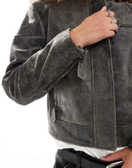 Urbancode distressed leather motor jacket in dark brown | ASOS